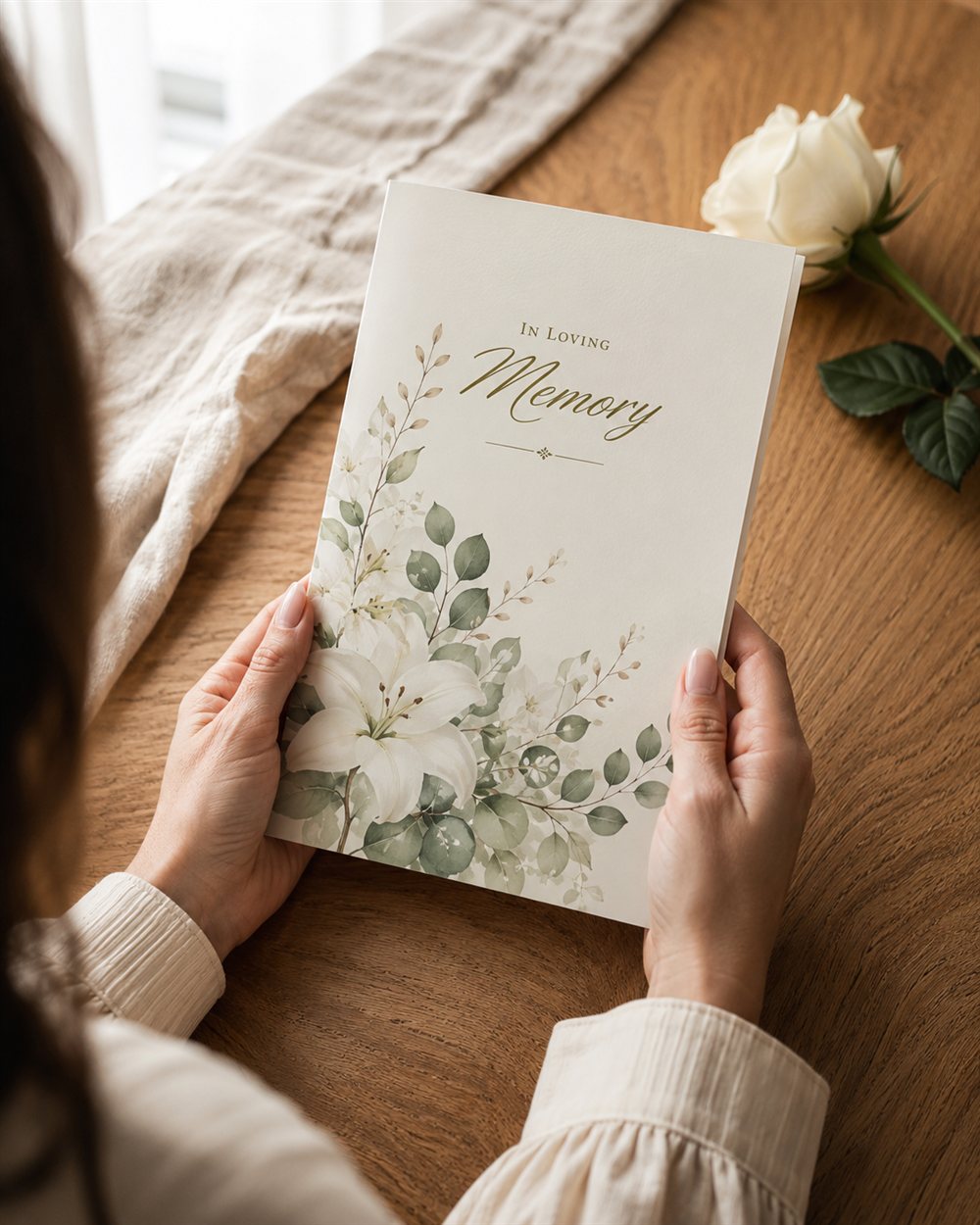 A woman's hands holding the finished White Lilies funeral program beside a white rose