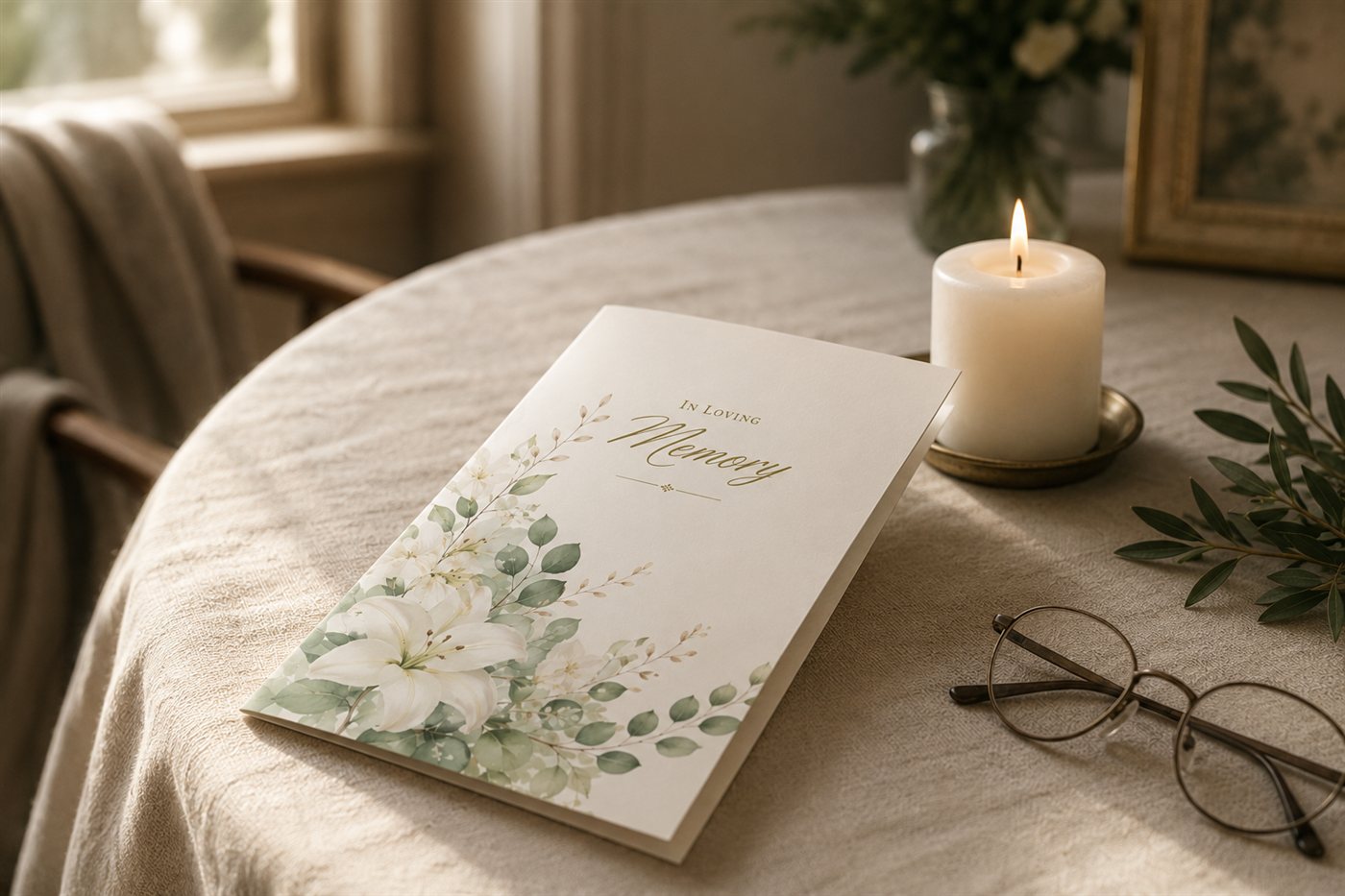 The printed memorial program resting on a linen table beside a lit candle and reading glasses